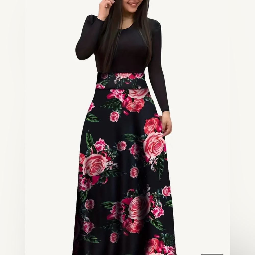 Floral Print Long Sleeve Round Neck Medium Stretch Maxi Dress